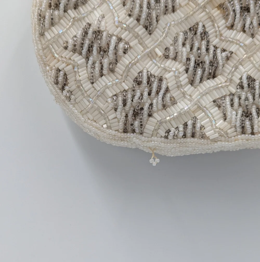Vintage Handmade Beaded Evening Bag Clutch Purse Coquette Glam Cream White Retro